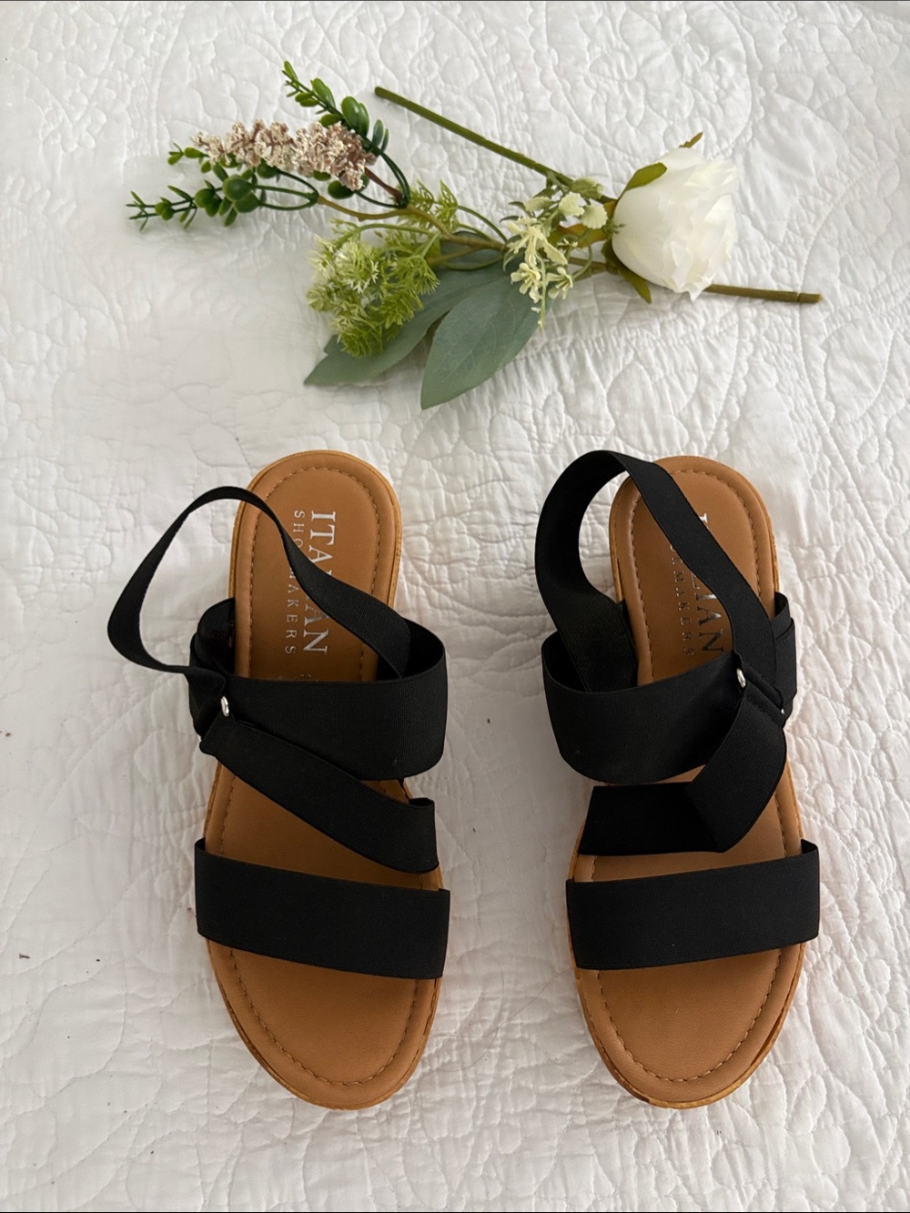 Italian Shoemakers Black Strappy Elastic Slingback Sandals with Tan Footbed